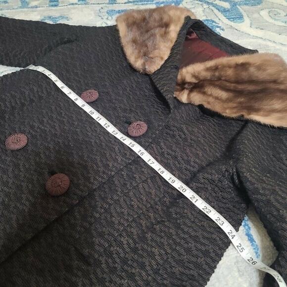 VTG Coat Len Artel Mink Fur Trim ILGWU 3/4 Sleeve MCM Jacket Gray Brown - Picture 9 of 10